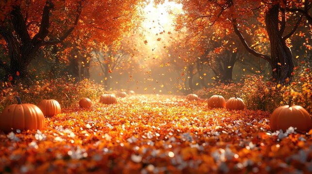 Sunlit autumn path, pumpkins, falling leaves