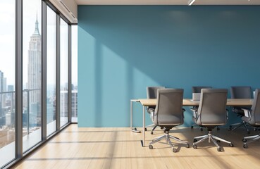 Fototapeta premium Luxury modern office meeting room with city view. Blue wall, wooden table, chairs, panoramic windows, bright daylight, workspace. Empty office interior, perfect for business, consulting, corporate,