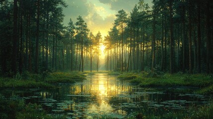 Obraz premium Sunlit forest path reflected in tranquil pond, lush greenery, misty atmosphere