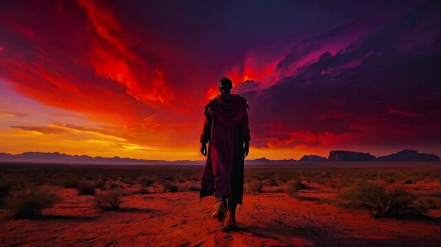 Silhouette of a man in the sunset desert. Lone wanderer dark robe vast desert dramatic sunset sky swirling clouds solitude journey arid landscape buttes shadows exploration pilgrimage guy messiah 