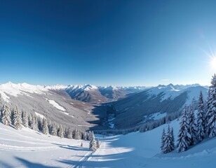 Fototapeta premium Scenic winter mountain view at Deer Valley ski resort, Utah. Snowy landscape, pine trees, bright blue sky, fresh powder snow. Ski slopes, scenic trails, perfect for winter sports vacations.