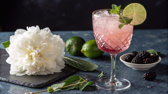 Limettensaft, Holundersirup, Minze, Limetten, alkohlfreier Sekt, Soda blank, dark blue background, black backround with no elements in the background, pale pink Cocktail, white peony flower,
