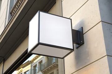 Square signage mockup on building exterior wall for business advertising use
