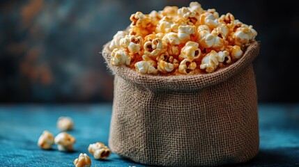 A burlap sack overflowing with caramelcoated popcorn perfect for movie nights and snacks