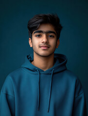 Fototapeta premium Young Man's Portrait: A handsome young man with a serene expression and casual attire against a captivating teal background. A timeless portrait of youth, confidence, and authenticity.