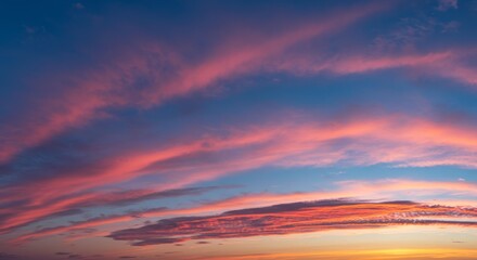 Serene Sunset Sky - Breathtaking panoramic view of a sunset sky with vibrant pink and orange clouds. Peaceful and serene atmosphere