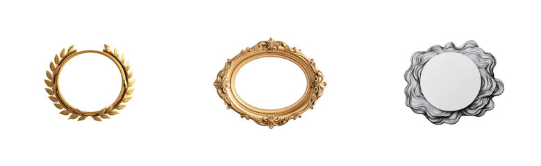 Golden and Silver Ornate Frames with Empty Centers on Black, cut out transparent