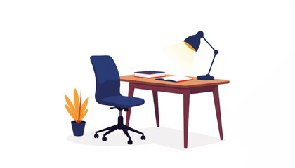 Geometric study desk setup with lamp and papers, modern academics