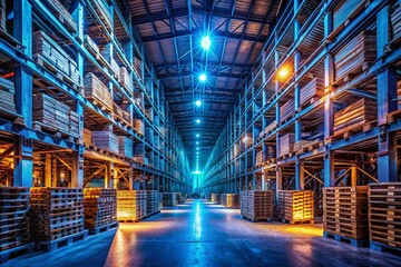 Low Light Warehouse Interior: Rows of Pallets Stacked High