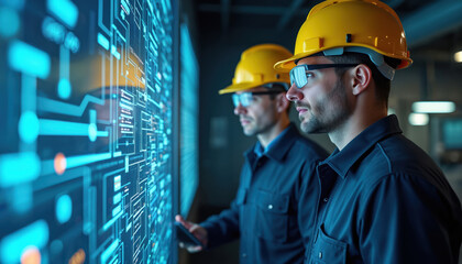 Technicians monitor smart grid health holographic display. Engineers wear hard hats, safety glasses. Futuristic tech, digital interface displays. Smart grid, energy management, power supply tech.