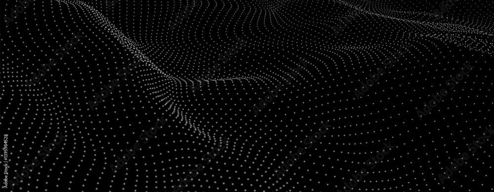 Poster futuristic dot wave. abstract digital particle wave. black and white music wave. dark background. di