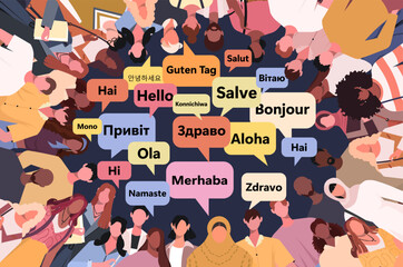 People say hi in different languages. Speech bubbles. Group of multiethnic men and women  stand together in a circle and speaking. Vector illustration. Not AI generated ©  HourGlass