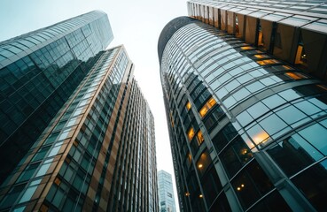 Low angle photo of modern architecture in Sydney. City skyscrapers, office buildings, glass facade details. Tall business buildings downtown, construction. Contemporary urban landscape, modern