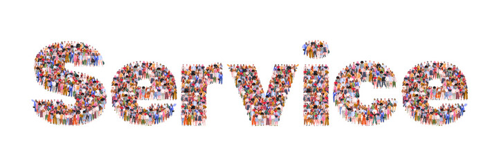  Large group of people forming word Service. Illustration symbolizes service, support, interaction between people, and customer focus. Vector Not AI generated
