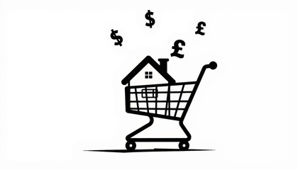 House in shopping cart with currency symbols, consumerism concept