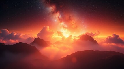 Majestic Mountain Landscape with Glowing Sunset and Starry Sky