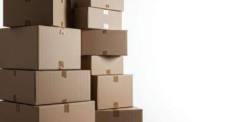 Obraz premium Stacked Cardboard Boxes on White Background - A neat stack of cardboard boxes against a white backdrop symbolizes organization, storage, moving, shipping, and new beginnings