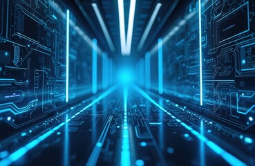 Obraz premium Futuristic tech corridor with glowing lights, blue digital circuit designs. Cyberpunk scene, high-tech architecture, cyberspace environment with data flow, network connection. Digital innovation,