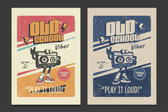 retro music poster with a funky cartoon cassette character, vector illustration