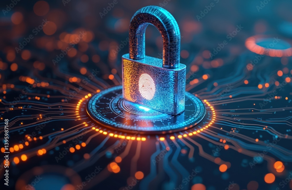 Poster Digital padlock with fingerprint on circuit board. Data protection and cyber security concept. Online internet access. Safe business data privacy, secure communication.