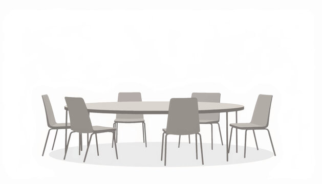 Minimalistic circular study seating arrangement with light grey furniture, productivity