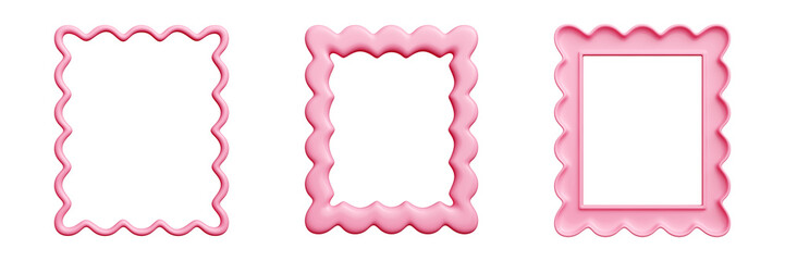 Scallop frame border set - pink 3d featuring wavy shell-inspired edges. Curvy rectangular outlines with ruffled trim in feminine hue. Charm, whimsy ornamental flourishes for greeting card, invitation