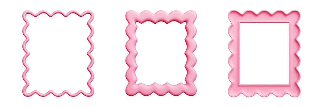 Scallop frame border set - pink 3d featuring wavy shell-inspired edges. Curvy rectangular outlines with ruffled trim in feminine hue. Charm, whimsy ornamental flourishes for greeting card, invitation