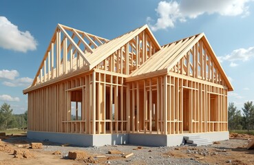 New house construction. Wooden frame with roof truss, post and beams. House building made of wood. Residential building frame on blue sky background. Project is underway. Real estate concept.