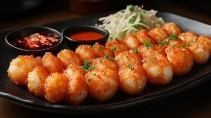 Fototapeta premium Crispy Fried Shrimp with Dipping Sauces and Fresh Salad Garnish A Delicious Seafood Platter f