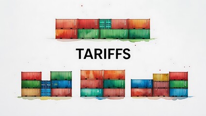 Fototapeta premium Colorful container boxes watercolor with 'TARIFFS' text below on white background, trade concept.