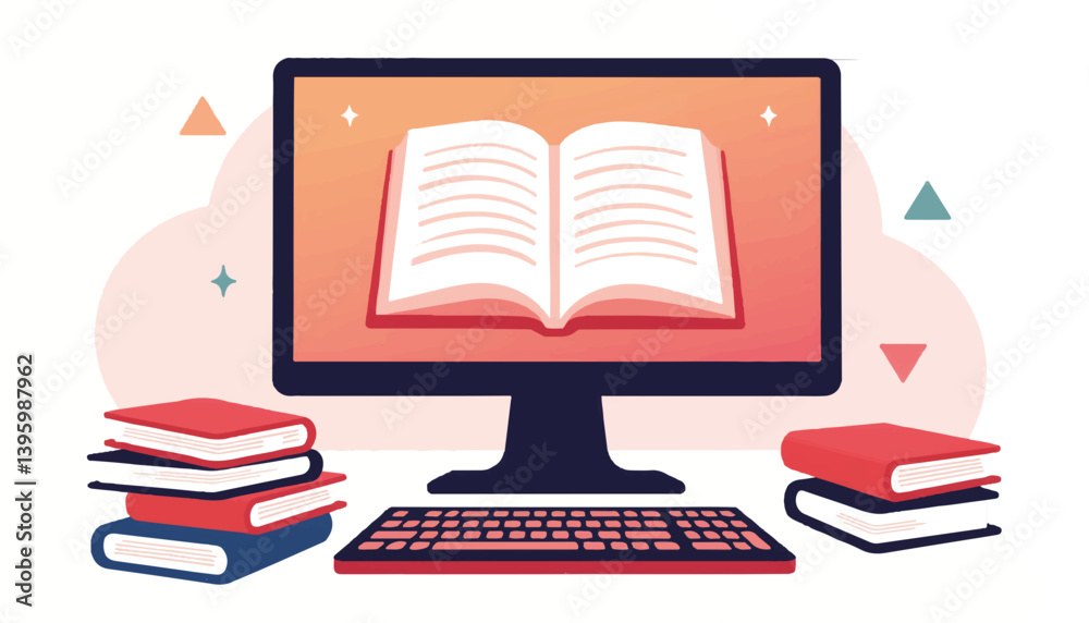 Poster abstract computer monitor displaying open book with keyboard, digital learning
