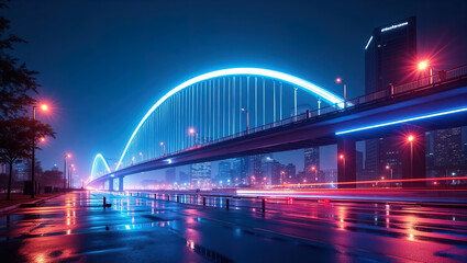 bridge in neon light in big night city	

