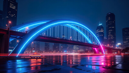 bridge in neon light in big night city	
