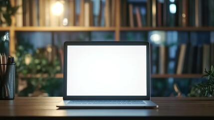 Fototapeta premium a laptop with a blank white screen on a wooden table, blurred background of an office room.