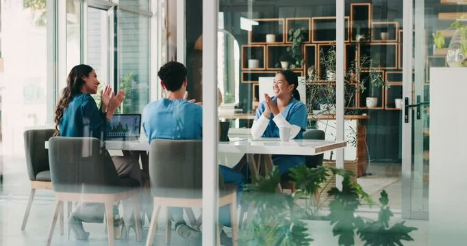 Medical, people and celebration with high five in hospital for healthcare achievement, applause and clinic success. Medicine, staff and team with clapping in boardroom for surgery goal and good news