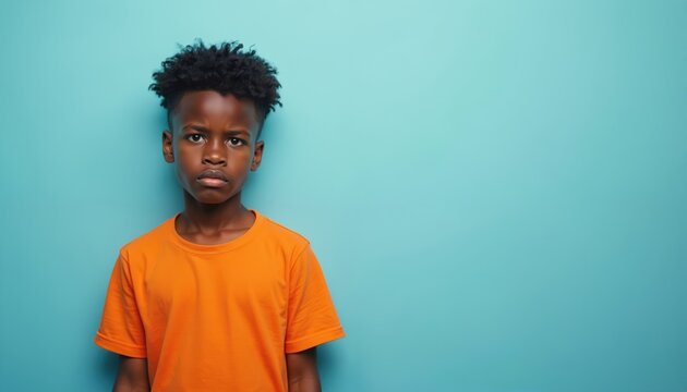 Young african american boy shows thoughtful expression with cyan background. Boy wears orange t-shirt and looks straight, thinking. Headshot of child, person with emotion.
