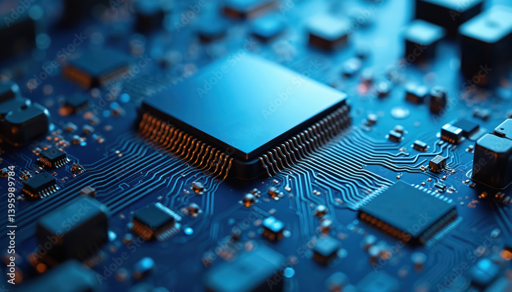 Aufkleber Blue circuit board microchip processor. Electronic tech component, data transfer. Computer hardware, information tech, high-tech innovation, digital future, AI.