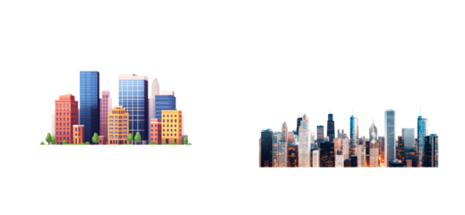 Two different views of a cityscape, buildings, architecture, cut out transparent