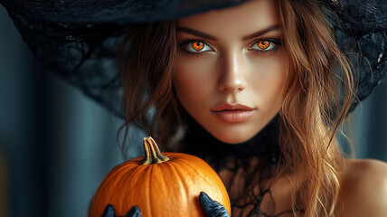 Portrait of a woman in a black lace hat and with a pumpkin. Portrait of a witch with fiery eyes and scary Halloween makeup.