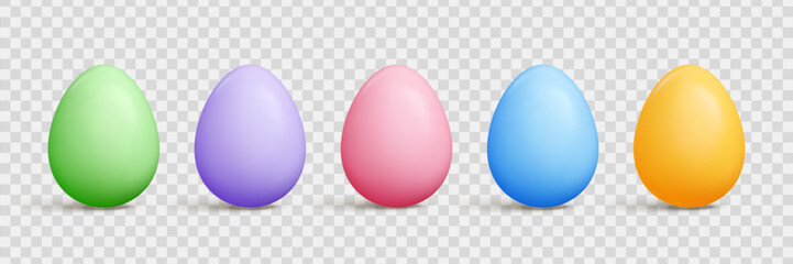 Cartoon Easter 3d egg with shadow set - solid vibrant colors oval vector shapes, decorative polka dots, striped diagonal lines drawing, cute geometric patterns on transparent background.