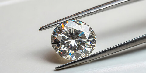 A round cut diamond reflects light beautifully as it is carefully held with tweezers. The clarity and brilliance of the gem are highlighted in the focused light, showcasing its allure