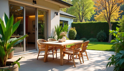 Fototapeta premium outdoor dining table with rattan furniture and plants on open terrace of house. 
