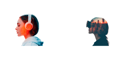 AI avatars: woman listening to music and virtual reality, cut out transparent