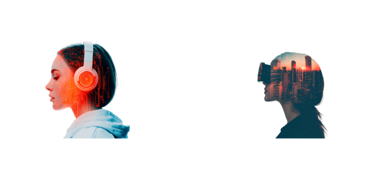 AI avatars: woman listening to music and virtual reality, cut out transparent