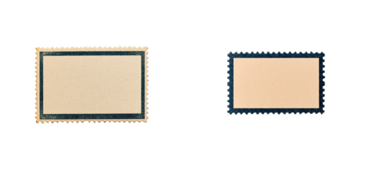 Two vintage postage stamps with dark borders, isolated, cut out transparent
