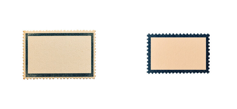 Two vintage postage stamps with dark borders, isolated, cut out transparent