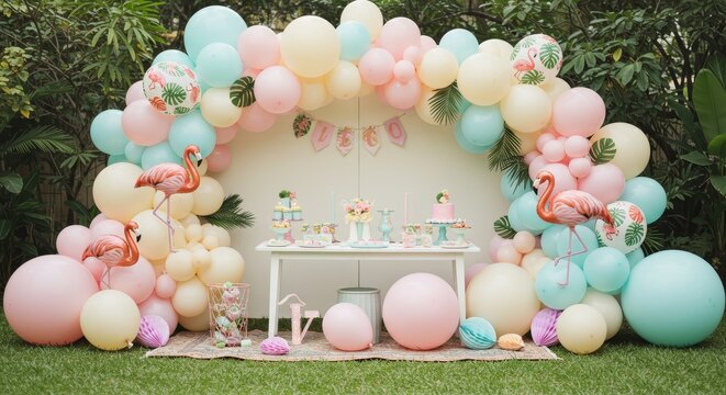 Tropical Flamingo Birthday Party Decoration - Pastel balloon arch, flamingo decorations, and a dessert table create a festive tropical birthday party scene