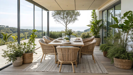 Fototapeta premium outdoor dining table with rattan furniture and plants on open terrace of house. 