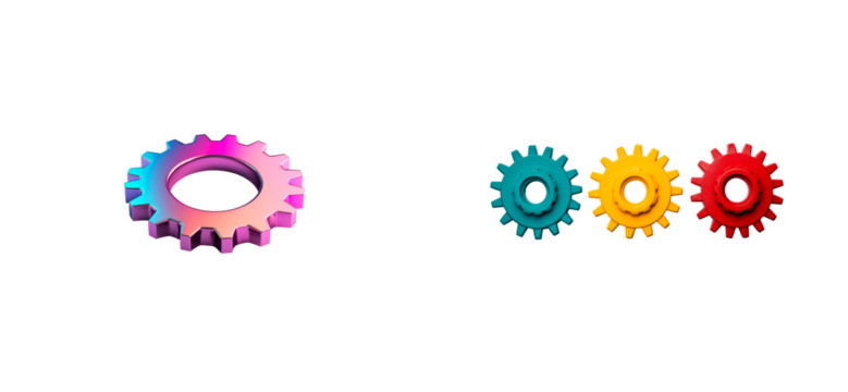 Gearwheels in blue, yellow, and red hues, cut out transparent - Powered by Adobe
