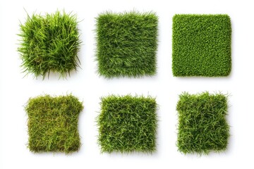 Various square patches of green grass on white background